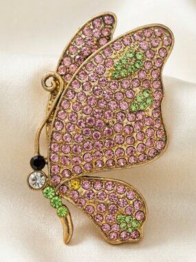 Vintage Butterfly Rhinestone Brooch Pink Gold Tone Sparkly 3 Inch